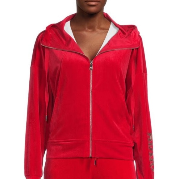 DKNY VELVET LOGO HOODIE RED CHERRY LARGE - Picture 2 of 6